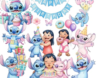 130+ Stitch Birthday Watercolor Clipart, Cute Digital Kit, Elements, 300 DPI PNG, Stitch Birthday Watercolor Collection Cute Digital Art
