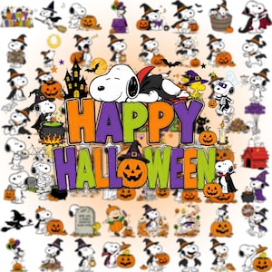 Könnte beinhalten: Eine Collage aus Snoopy-Figuren in verschiedenen Halloween-Kostümen wie Hexen, Vampiren und Mumien, die eine zentrale Grafik mit dem Text HAPPY HALLOWEEN in großen orangefarbenen, violetten und grünen Buchstaben umgeben.
