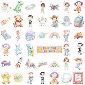 May include: A collection of watercolor-style illustrations featuring various characters, toys, and objects including a green dinosaur, a teddy bear, a rocket ship, a rainbow, a toy truck, and a wooden sign with the text SUNNYSIDE DAYCARE.