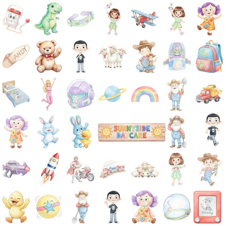 May include: A collection of watercolor-style illustrations featuring various characters, toys, and objects including a green dinosaur, a teddy bear, a rocket ship, a rainbow, a toy truck, and a wooden sign with the text SUNNYSIDE DAYCARE.
