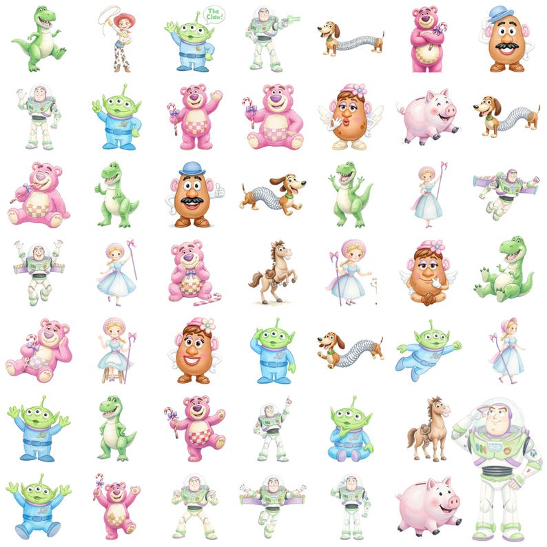 May include: A collection of various Toy Story character stickers featuring Buzz Lightyear, Woody, Jessie, Rex, Slinky Dog, Lotso, Mr. and Mrs. Potato Head, Bo Peep, Hamm, and the green aliens in multiple poses, expressions, and colorful outfits.