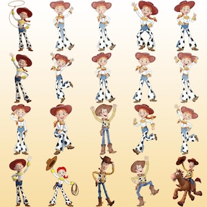 May include: A collection of cartoon character illustrations featuring Jessie the cowgirl in various poses with red hair, a red hat, white shirt, and cow-print chaps, alongside Woody the cowboy in his yellow shirt and blue jeans, and Bullseye the horse.