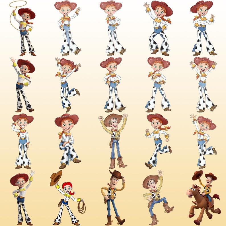 May include: A collection of cartoon character illustrations featuring Jessie the cowgirl in various poses with red hair, a red hat, white shirt, and cow-print chaps, alongside Woody the cowboy in his yellow shirt and blue jeans, and Bullseye the horse.