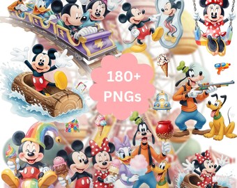 Mickey Mouse Theme Park Watercolor PNG Bundle, Disney Friends Carnival Clipart Set, Cute Kids Party Graphics, 300 DPI Digital Download