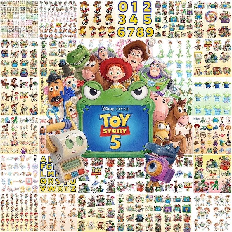 May include: A collection of Toy Story 5 themed stickers featuring various characters including Woody, Buzz Lightyear, Jessie, Rex, and Bullseye, alongside numbers, alphabet letters, and a central green frame with the text Disney Pixar Toy Story 5.