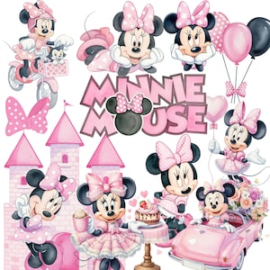 May include: A collection of Minnie Mouse illustrations featuring the character in various poses, including riding a bicycle, sitting in a pink car, and holding a cake. The design includes pink castles, balloons, and the text Minnie Mouse.