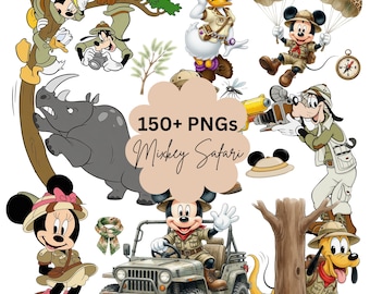 150+Mickey Safari Clipart PNG, Mickey Mouse Safari, Mickey Birthday, Adventure Clipart with Mickey and Friends, Animal Safari Cake Topper