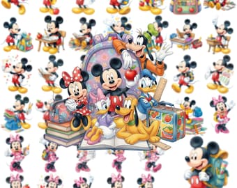 Paquete de más de 100 imágenes PNG de Mickey Mouse y sus amigos para la vuelta al cole, imágenes prediseñadas de dibujos animados de Mickey Mouse para la vuelta al cole para sublimación, imágenes PNG de Mickey Mouse