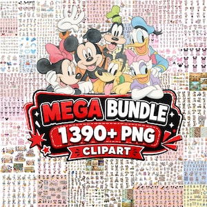 Puede incluir: Una colecci&oacute;n digital de m&aacute;s de 1390 archivos clipart PNG con Mickey Mouse, Minnie Mouse, Goofy, Pluto, el Pato Donald y Daisy. El gr&aacute;fico central muestra el texto MEGA BUNDLE 1390+ PNG CLIPART en letras rojas y blancas en negrita.