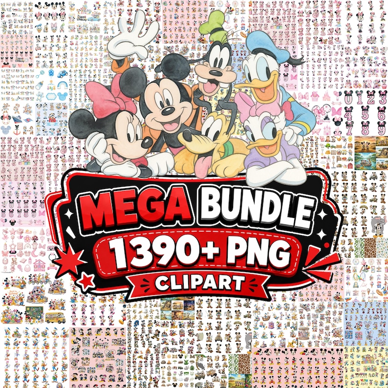Puede incluir: Una colecci&oacute;n digital de m&aacute;s de 1390 archivos clipart PNG con Mickey Mouse, Minnie Mouse, Goofy, Pluto, el Pato Donald y Daisy. El gr&aacute;fico central muestra el texto MEGA BUNDLE 1390+ PNG CLIPART en letras rojas y blancas en negrita.