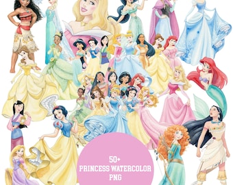 Princess Watercolor Png Bundle, Princess Watercolor Clipart, Digital Elsa, Anna, Aurora, Mermaid, Jasmine, Tiana, Belle, Diana Luna Rapunzel