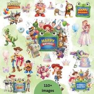 Può includere: Una collezione di illustrazioni dei personaggi Disney Pixar Toy Story con Woody, Buzz Lightyear, Jessie, Mr. e Mrs. Potato Head, Rex, Slinky Dog e Lotso. Le immagini includono torte di compleanno, palloncini, regali e cartelli con la scritta Happy Birthday.