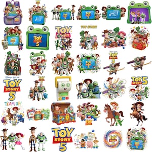 May include: A collection of Toy Story 5 themed stickers featuring various characters including Woody, Buzz Lightyear, Jessie, and Rex. The designs include logos, characters in action poses, and green frog-shaped frames with the text Toy Story 5.
