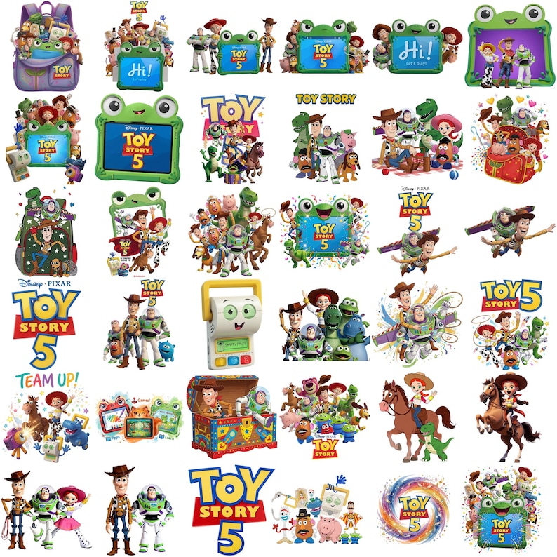 May include: A collection of Toy Story 5 themed stickers featuring various characters including Woody, Buzz Lightyear, Jessie, and Rex. The designs include logos, characters in action poses, and green frog-shaped frames with the text Toy Story 5.