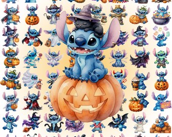 60+Stitch Halloween Watercolor  Clipart PNG Bundle, Spooky Fall Designs