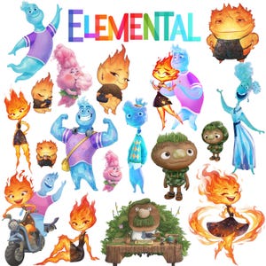 Può includere: Una collezione di colorati personaggi dei cartoni animati del film Elemental, che mostra esseri di fuoco, acqua, terra e aria in varie pose. La parola ELEMENTAL è stampata in alto con un carattere multicolore su uno sfondo bianco.