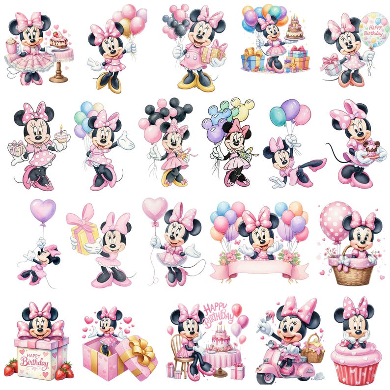 May include: A collection of twenty digital illustrations featuring Minnie Mouse in various birthday-themed poses, wearing pink dresses and bows, surrounded by colorful balloons, gift boxes, birthday cakes, and cupcakes with the text Happy Birthday.