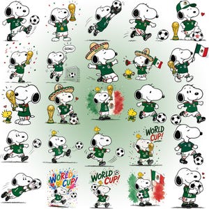May include: A collection of Snoopy illustrations featuring the character wearing a green and white Mexico soccer jersey with the number 10, interacting with soccer balls, gold trophies, Mexican flags, sombreros, and text reading World Cup.