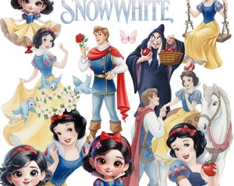 120+Snow White Watercolor Clipart,Princess PNG,Seven Dwarves, Fairytale,Deer, Cottage, Birds, Hand Drawn, Cute Glitter Kids Art, Fabric ,POD