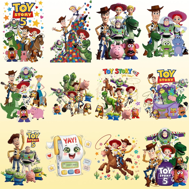 May include: A collection of twelve distinct graphic illustrations featuring Toy Story characters including Woody, Buzz Lightyear, Jessie, Rex, Slinky Dog, Mr. Potato Head, and Hamm, with some designs displaying the Toy Story 5 logo and colorful stars.