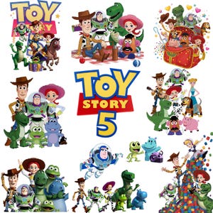 May include: A collection of Toy Story 5 graphic illustrations featuring Woody, Buzz Lightyear, Jessie, Rex, Mr. Potato Head, and other characters in various poses, including a central Toy Story 5 logo with blue and yellow text on a red background.