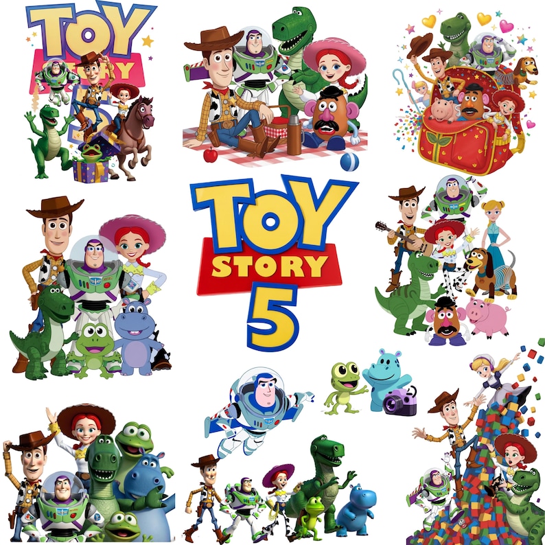 May include: A collection of Toy Story 5 graphic illustrations featuring Woody, Buzz Lightyear, Jessie, Rex, Mr. Potato Head, and other characters in various poses, including a central Toy Story 5 logo with blue and yellow text on a red background.