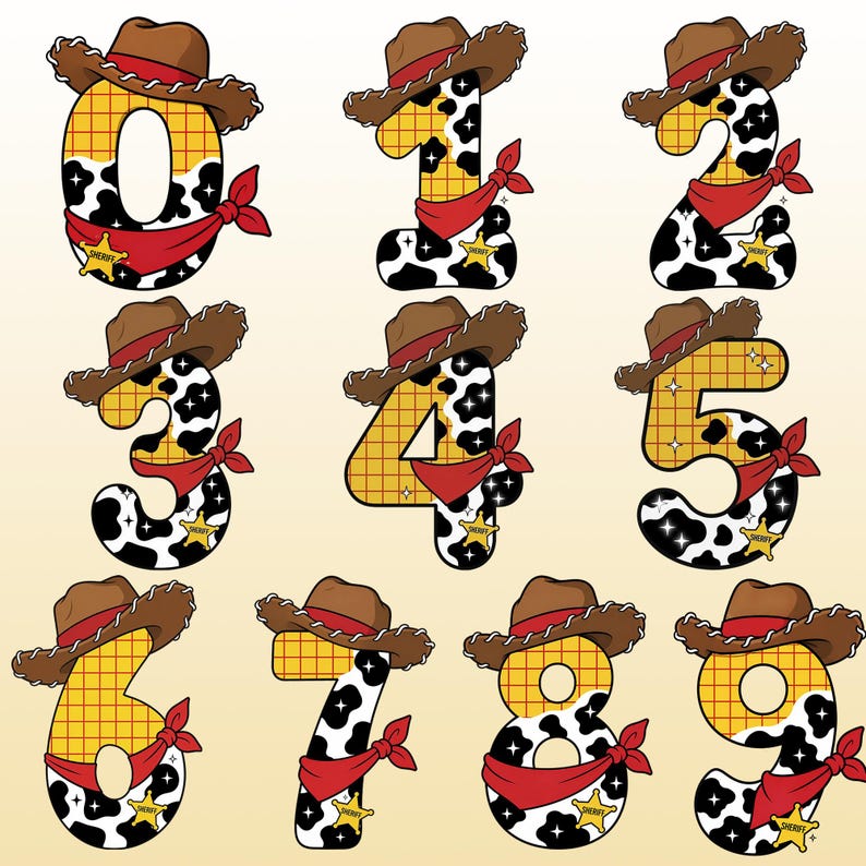 May include: A set of numbers zero through nine, each styled with a brown cowboy hat, a yellow grid pattern, black and white cow print, a red bandana, and a gold sheriff star badge. The numbers feature a cartoon aesthetic with small star accents.