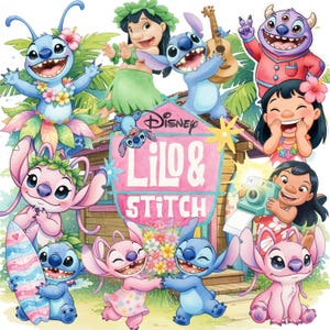 May include: A colorful illustration featuring Disney Lilo & Stitch characters including Stitch, Angel, Lilo, and Jumba. The design shows them in tropical settings with surfboards, ukuleles, and cameras, centered around a pink sign reading Disney Lilo & Stitch.