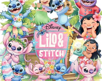 Kit de aquarela Lilo & Stitch com mais de 200 desenhos, personagens, flores e praia. Lilo & Stitch fofo, kit digital de aquarela Lilo & Stitch fofo.