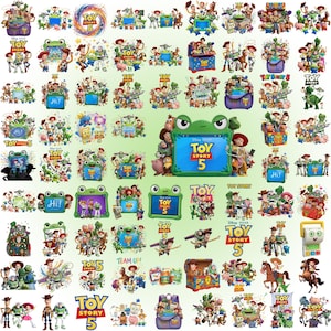 May include: A collection of digital graphics featuring Toy Story 5 characters, including Woody, Buzz Lightyear, and various friends. Many designs incorporate a green frog-shaped frame with the text Toy Story 5, showcasing diverse poses.