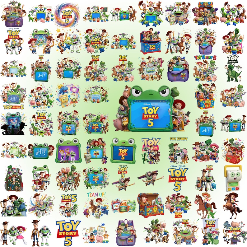 May include: A collection of digital graphics featuring Toy Story 5 characters, including Woody, Buzz Lightyear, and various friends. Many designs incorporate a green frog-shaped frame with the text Toy Story 5, showcasing diverse poses.