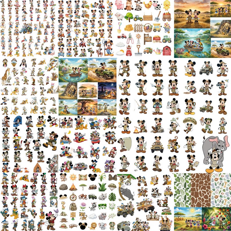 Puede incluir: Una colecci&oacute;n digital de ilustraciones de Mickey Mouse y sus amigos con temas de safari y granja. El conjunto incluye varias poses de personajes, veh&iacute;culos, animales y escenas de paisajes con colores vibrantes para proyectos creativos.