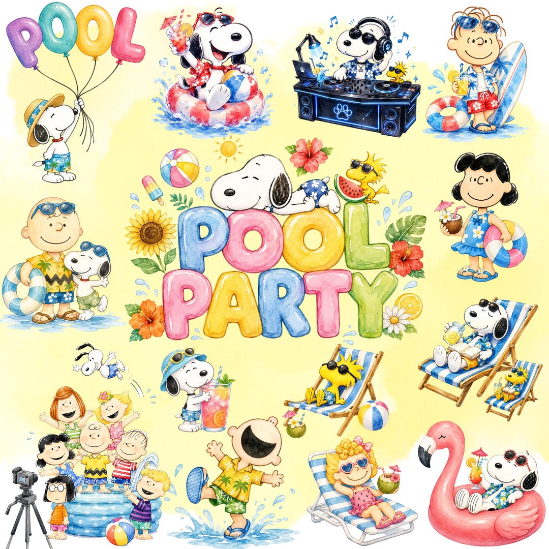 Snoopy Pool Sticker 60+ Pool Party Snoopy PNG Bundle, Summer Snoopy Clipart, Beach Cartoon ...