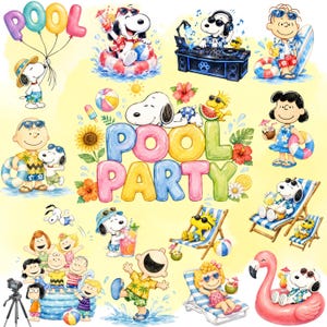 May include: A collection of Peanuts character illustrations featuring Snoopy, Charlie Brown, and friends in summer pool party scenes. The central text reads POOL PARTY in colorful bubble letters, surrounded by tropical flowers, beach balls, and drinks.