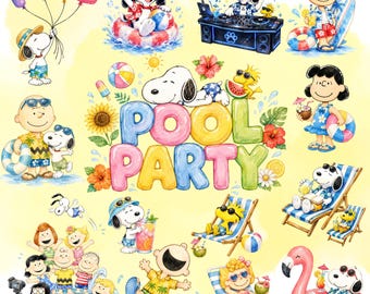60+ Pool Party Snoopy PNG Bundle, Summer Snoopy Clipart, Beach Cartoon Characters PNG, Watercolor Pool Party Bundle, Digital Download