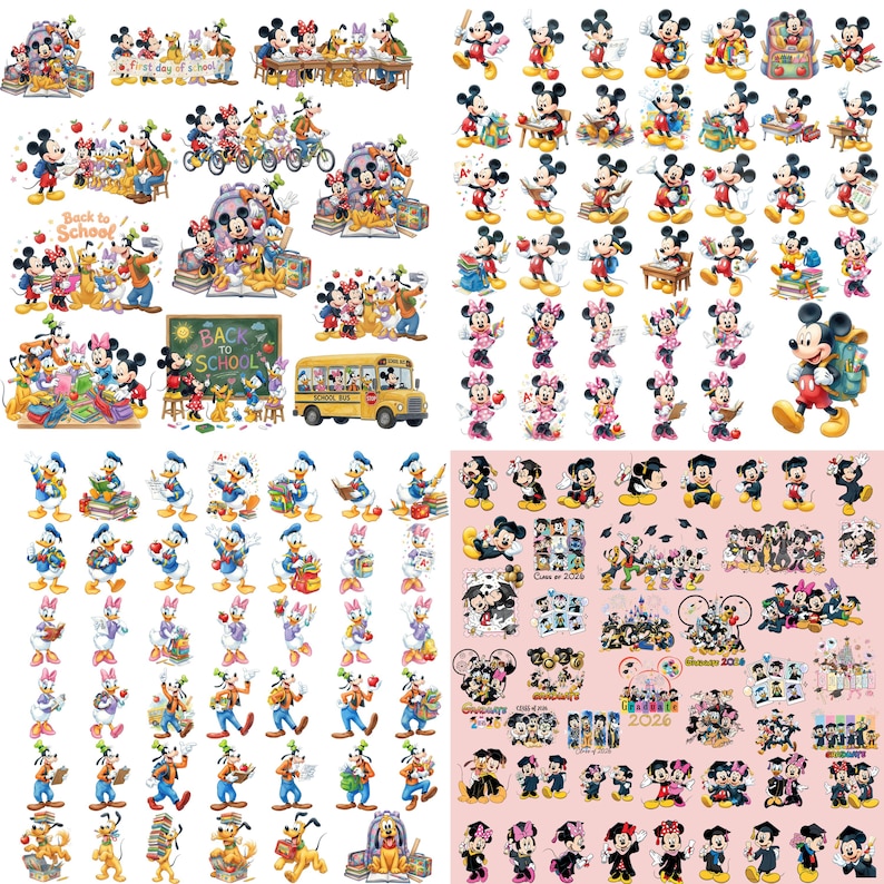 Puede incluir: Una colecci&oacute;n de pegatinas coloridas con Mickey Mouse, Minnie Mouse, Donald Duck, Daisy Duck y Pluto en diversas actividades escolares, incluyendo lectura, viajes en autob&uacute;s y escenas de graduaci&oacute;n con el texto Back to School.