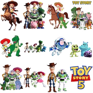 May include: A collection of digital illustrations featuring Toy Story characters including Woody, Buzz Lightyear, Jessie, Rex, Mr. Potato Head, Hamm, Slinky Dog, and others, with the text Toy Story and Toy Story 5 displayed in blue and yellow.
