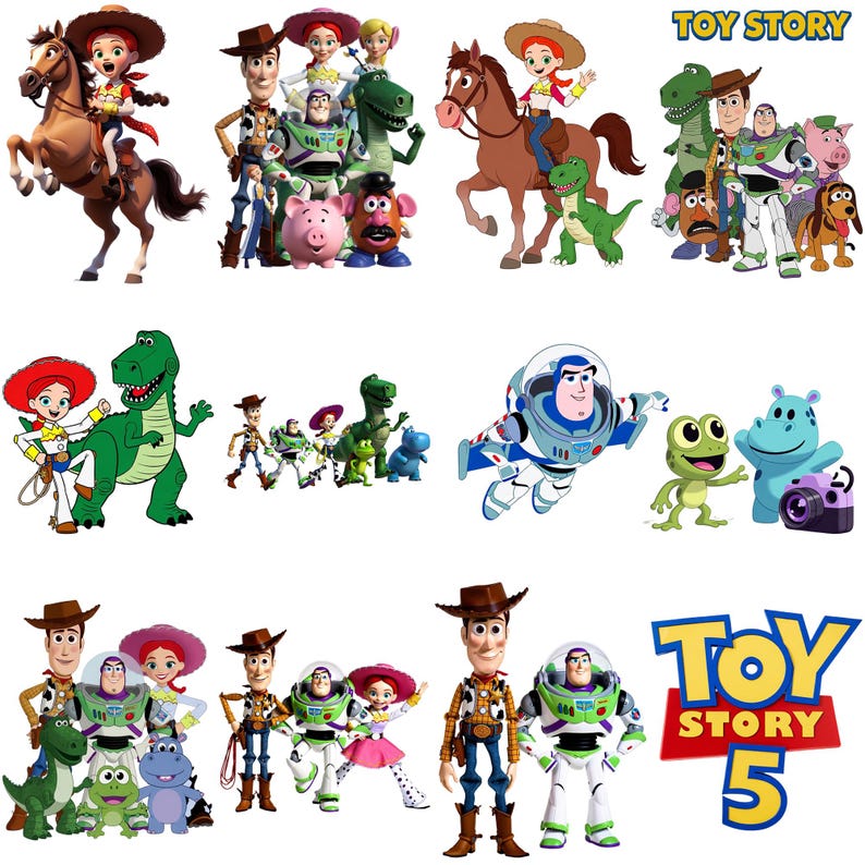 May include: A collection of digital illustrations featuring Toy Story characters including Woody, Buzz Lightyear, Jessie, Rex, Mr. Potato Head, Hamm, Slinky Dog, and others, with the text Toy Story and Toy Story 5 displayed in blue and yellow.