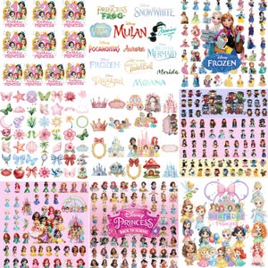 May include: A collection of Disney-themed stickers featuring various princesses, movie logos, numbers 1 through 10, castles, carriages, and small icons like butterflies, flowers, and stars, arranged in a grid layout on a white background.