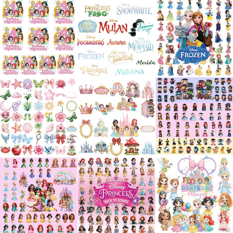 May include: A collection of Disney-themed stickers featuring various princesses, movie logos, numbers 1 through 10, castles, carriages, and small icons like butterflies, flowers, and stars, arranged in a grid layout on a white background.