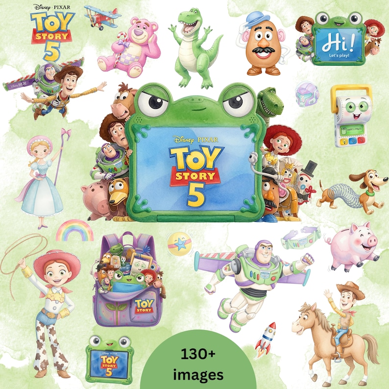 May include: A collection of Disney Pixar Toy Story 5 digital stickers featuring characters like Woody, Buzz Lightyear, Jessie, Rex, and Mr. Potato Head. The set includes a green frog-shaped frame with the Toy Story 5 logo and a backpack filled with toys.