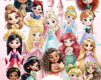 200+ Watercolor Baby Princess Clipart | Chibi Disney Princess Style PNG | Cute Bundle for Birthday Invitations & Party Decor