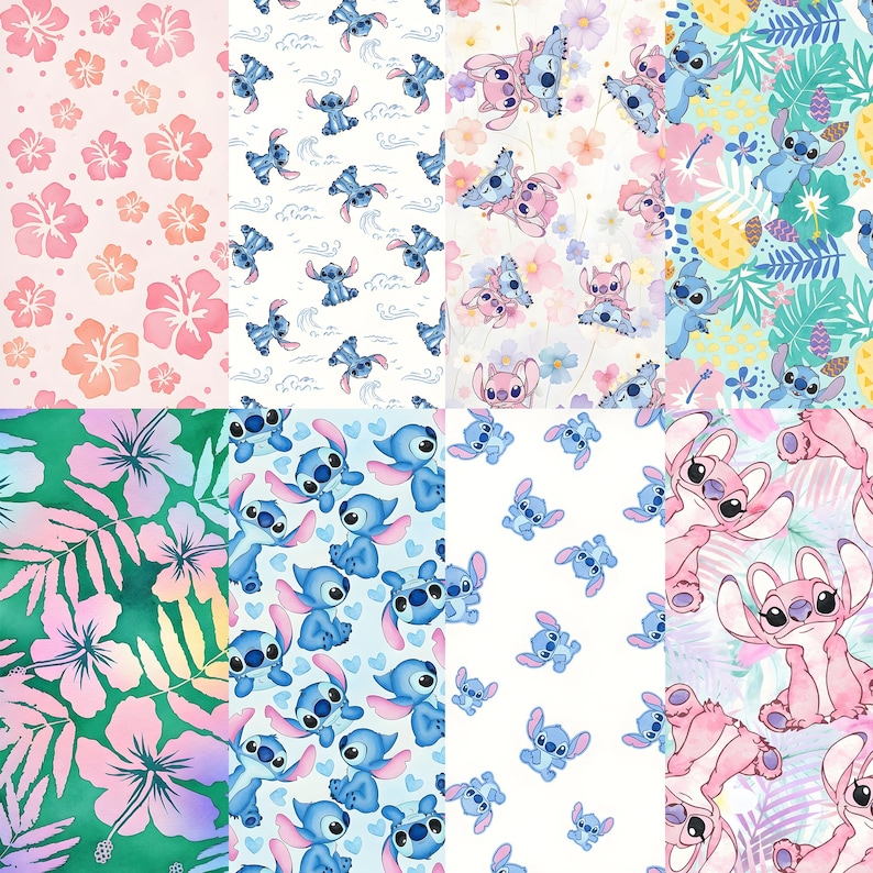 Puede incluir: Un collage de ocho patrones de tela distintos con los personajes Stitch y Angel. Los dise&ntilde;os incluyen flores de hibisco rosas, figuras de Stitch azules sobre blanco, Stitch y Angel con motivos florales, hojas tropicales y patrones de Angel.