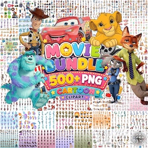 May include: A digital collection of over 500 cartoon character PNG clipart images featuring various animated figures including a cowboy, a red race car, a lion cub, a blue furry monster, a rabbit police officer, and a fox in a shirt and tie.