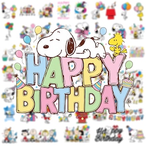 May include: A collection of Snoopy and Woodstock stickers featuring a central graphic with the text HAPPY BIRTHDAY in pastel colours. Snoopy lies on top of the letters, surrounded by colourful balloons, party hats, and a small birthday cake.