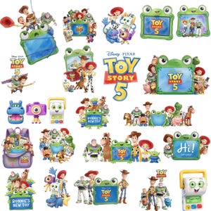Pode incluir: Uma cole&ccedil;&atilde;o de ilustra&ccedil;&otilde;es digitais com personagens de Disney Pixar Toy Story 5, incluindo Woody, Buzz Lightyear, Jessie e v&aacute;rias molduras em forma de sapo verde. Os gr&aacute;ficos incluem o log&oacute;tipo Toy Story 5, mochilas, c&acirc;maras e brinquedos.