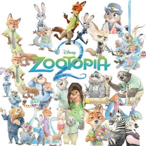 Może przedstawiać: Cyfrowa ilustracja przedstawiająca kolekcję antropomorficznych postaci zwierzęcych z filmu Zootopia 2, rozmieszczonych wokół centralnego niebieskiego logo Zootopia 2. Postacie obejmują lisy, króliki, leniwce i różne inne ssaki.