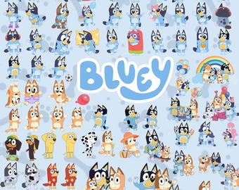 70+ Blue cartoon PNG Bundle , Bluey Dog Bingo Clipart Bundle Set Original Designs for Birthday Day Crafts Coloring Printing