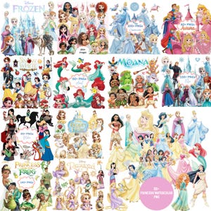 May include: A digital collection of Disney character illustrations featuring Frozen, Cinderella, Aurora, Snow White, Ariel, Moana, Elsa, Mulan, Beauty and the Beast, Rapunzel, and The Princess and the Frog, presented as multiple sets of PNG image files.