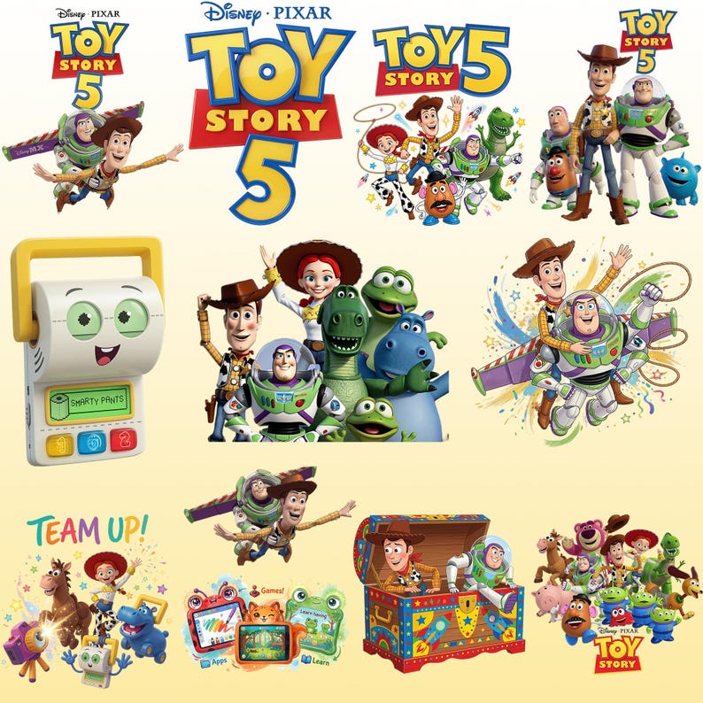 May include: A collection of Toy Story 5 promotional graphics featuring Woody, Buzz Lightyear, Jessie, and other characters. Includes a white and yellow electronic toy with a screen displaying the text Smarty Pants and buttons labeled 1, 2.